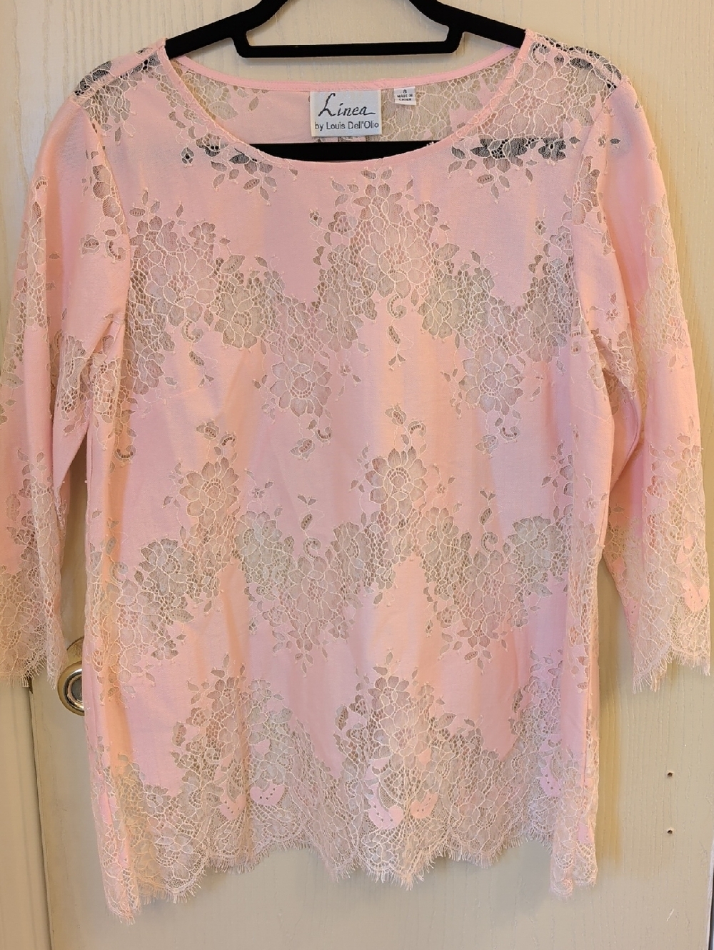 Linea by Louis Dell'Olio Blush Pink Lace Top Size 8 | 3/4 Sleeve Floral Overlay - Picture 2 of 7